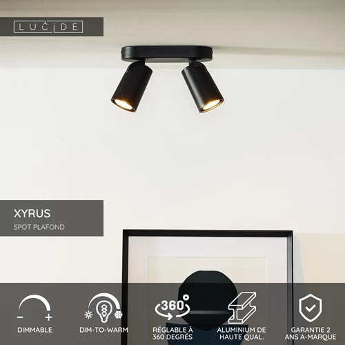 Lucide XYRUS - Spot plafond - LED Dim to warm - GU10 - 2x5W 2200K/3000K - Noir - USP